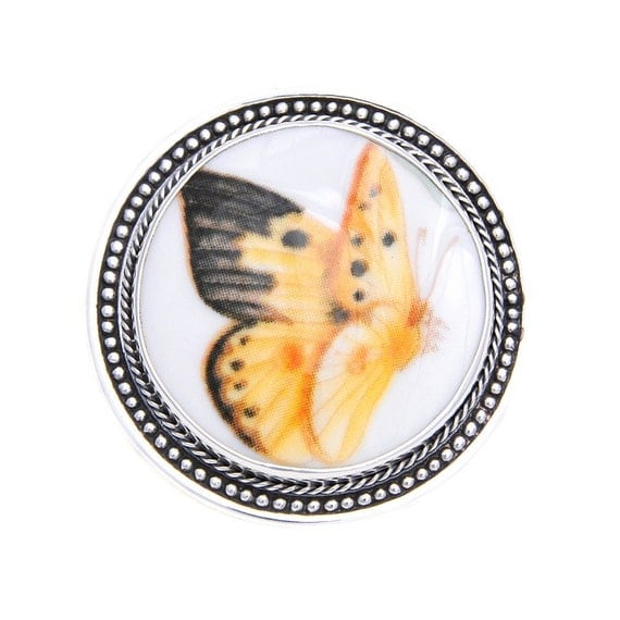 Broken China Jewelry Butterfly Meadow Orange Sulphur Butterfly Sterling Brooch with Pendant Bale