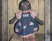 primitive hand embroidered painted black folk art cloth rag doll appliqued apron HAFAIR  OFG cord hair