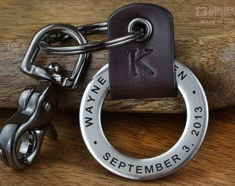 Mens Anniversary Gift, Boyfriend Gift, Fiance Gift, Save the Date Keychain - Mens Personalized Leather Keychain - Any text up to 35 Char