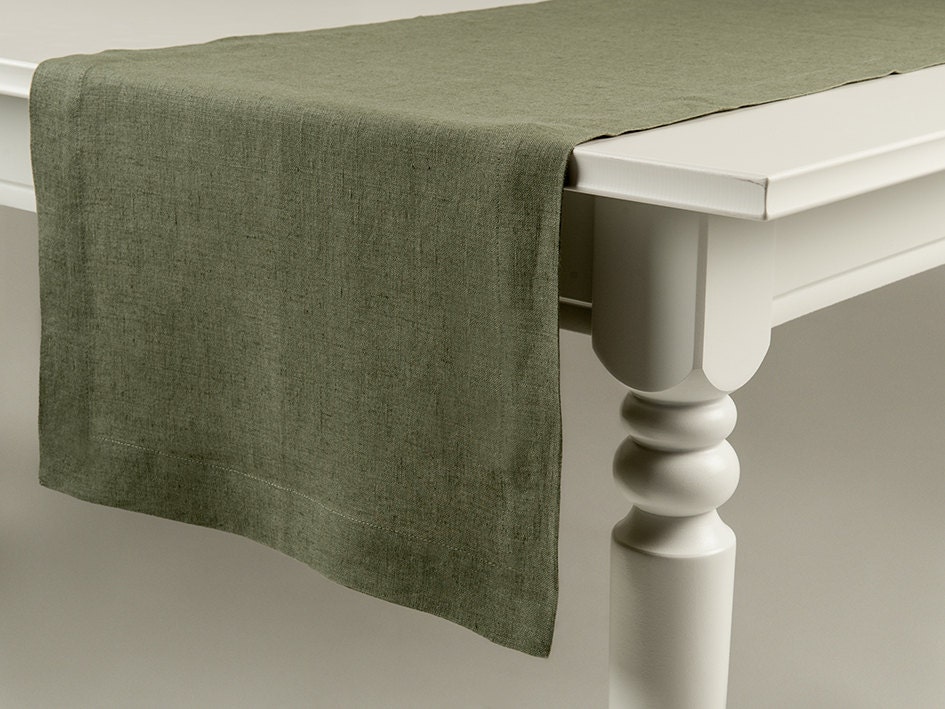 Green table runner Moss green linen table runner