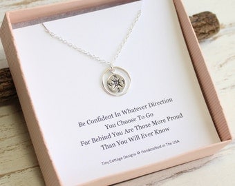 Sterling Silver Eternity Circle Compass Necklace... Graduation Inspirational Quote Sentiment Card