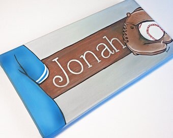 Baseball Canvas Door Plaque / Wall Name Art Hanging / Signs, Hand Painted For Boys Rooms, Play Rooms or Nursery Rooms