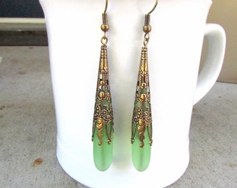 green sea glass extra long earrings beach glass jewelry bridesmaid earrings- teardrop antique bronze