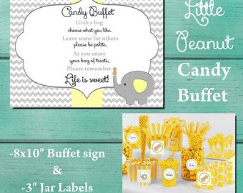 Grey and Yellow Chevron Baby Shower Candy Buffet Sign. Little Peanut Baby Shower. Elephant Baby Shower. Candy Buffet Candy Jar labels.