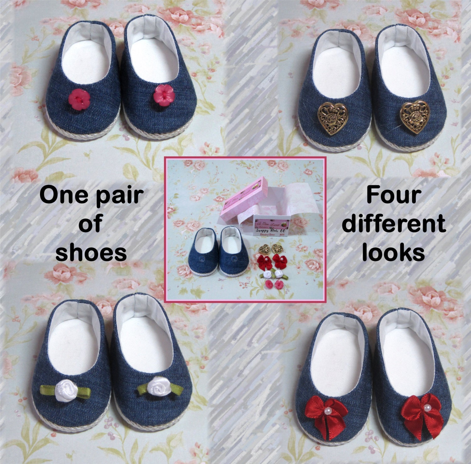 Denim Love Snappy Flats shoe set made for 18 inch dolls such