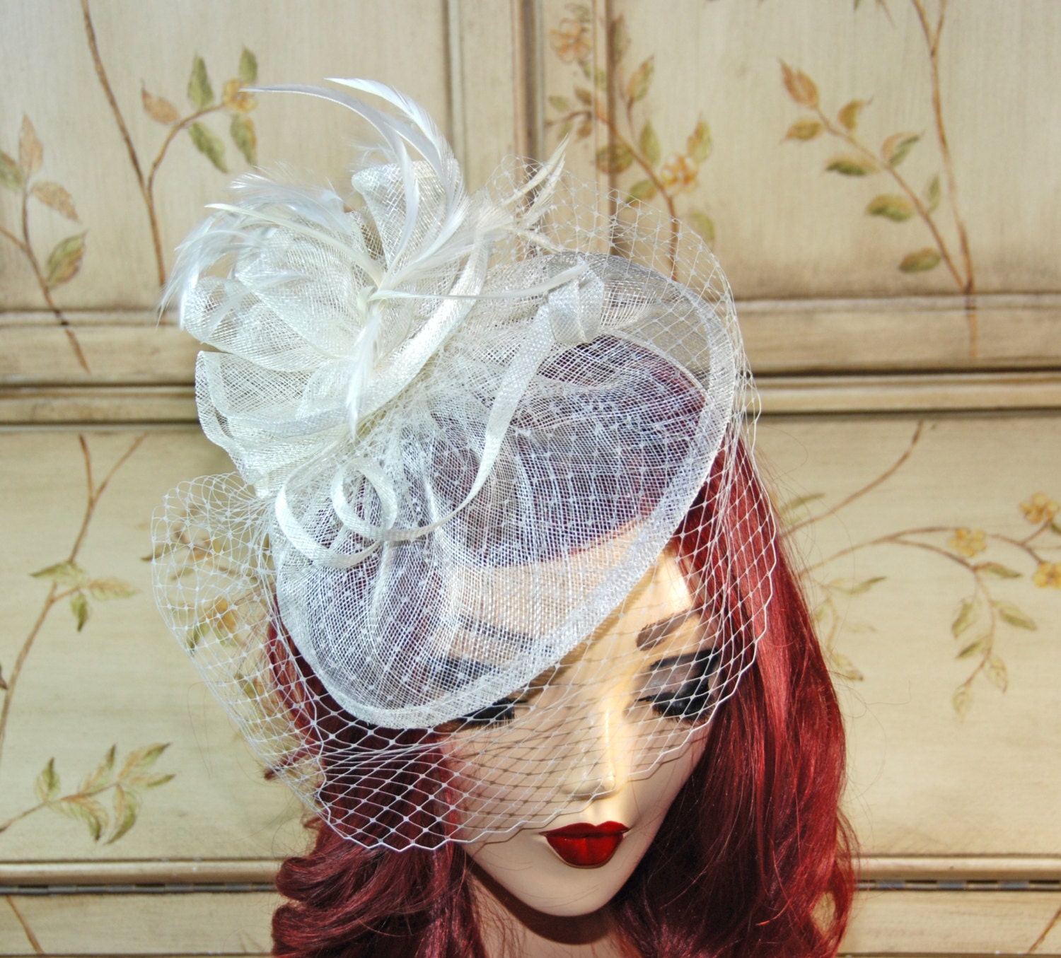 Ivory Wedding Fascinator with Birdcage Veil Cream Fascinator