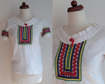 Vintage Peasant Blouse - 1970's Embroidered Blouse - Size XS