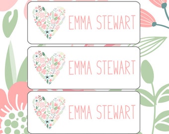 School Labels, Girl, Daycare Name Labels, Bottle Labels, Dishwasher Safe, Waterproof, Iron-On Clothing Labels, Name Tags, Pink Mint Flower