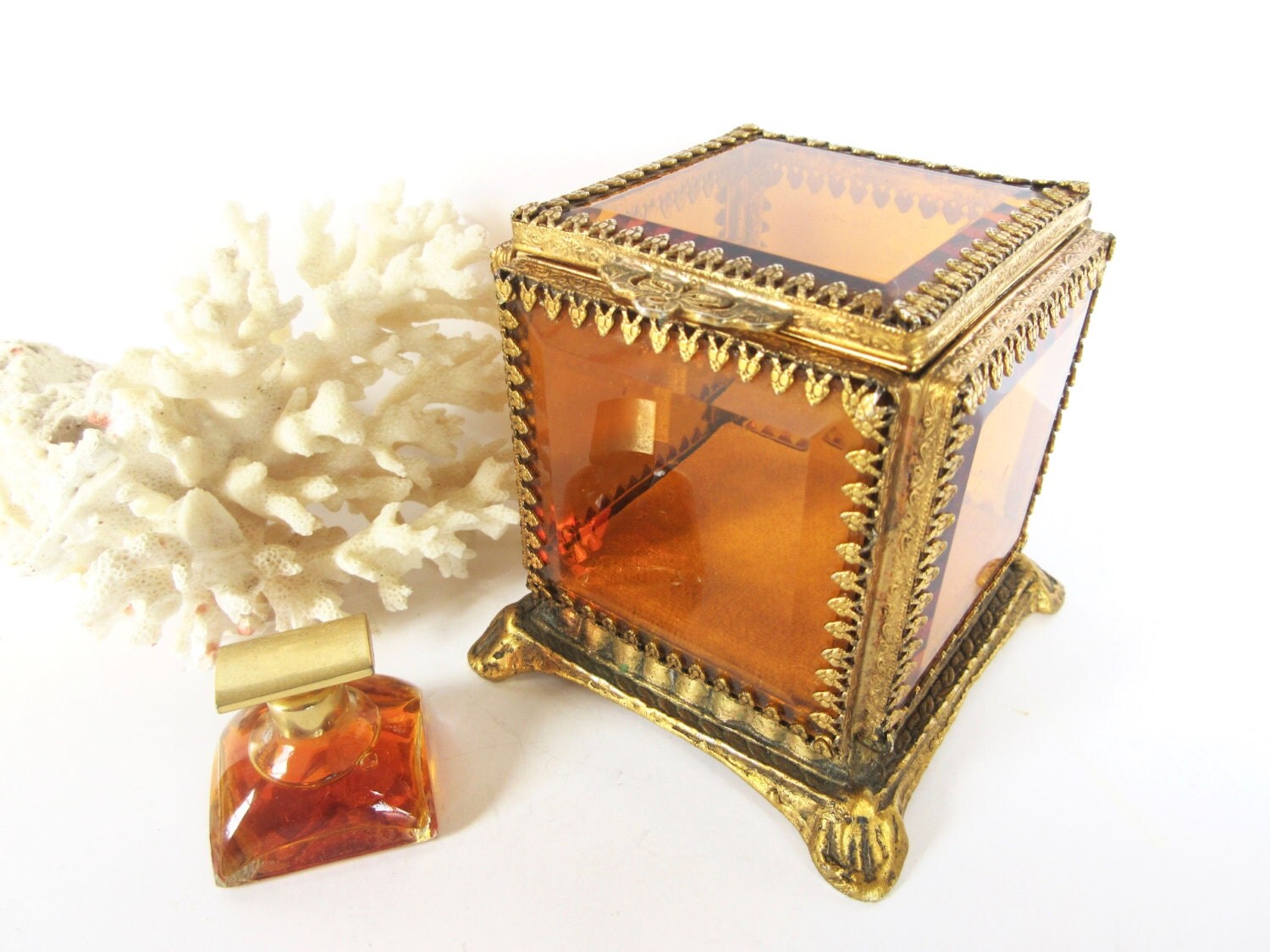 Amber Glass Vintage Jewelry Box Jewelry Box Ormolu