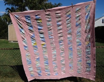 vintage quilt 1930's feed sack Pennsylvania hand stitched cottage chic paisley bars 68" x 66"
