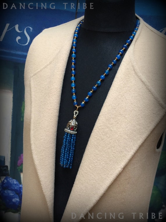 Blue Tassel Necklace Beaded Tassel Necklace Blue Agate