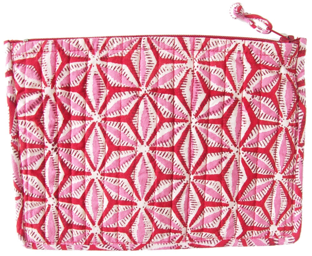 Hand Block Printed Cosmetic Bag Snowflake Red by Inkandblock