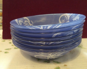 8 Blue and White French Glass Cereal, Soup or Salad Bowls