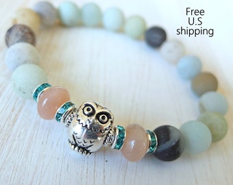 Courage, Owl bracelet, Peach Moonstone, Amazonite, Owl Mala, Yoga bracelet, Energy bracelet, Mala bracelet, Reiki Charged, wrist mala, owl