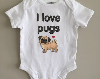 I LOVE PUGS unisex baby clothing, choice of vest, sleepsuit and bib or sleepsuit, vest and bib