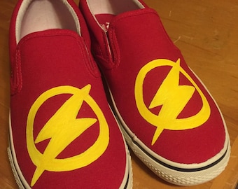 The Flash...Red, hand painted, canvas slip on shoes