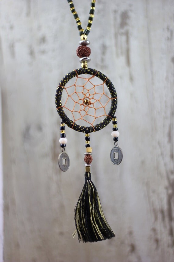 BLACK DREAMCATCHER NECKLACE- Festival Necklace- Vintage- Costume Jewellery- Statement- Good luck- Mala Beads- Navajo- Tassel- Statement