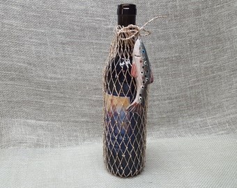 Fish Net Wine or Gift Bag - Embellished with a Wooden Fish Ornament