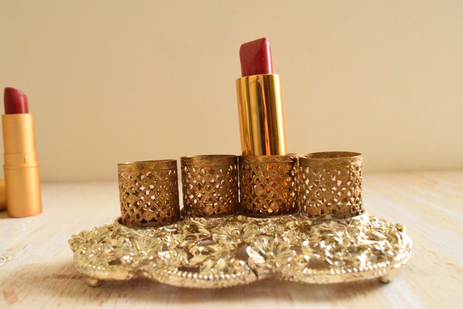 Vintage Vanity Lipstick Holder Four Filigree Lipstick