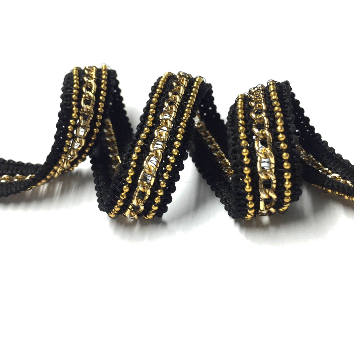 Black Crocheted Trim Ribbon with Gold Chain for Crafts Sewing