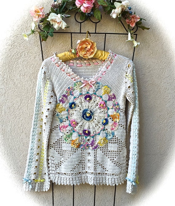 Sugar Sweet Rustic Romantic Crochet Sweater Ribbons by IzzyRoo