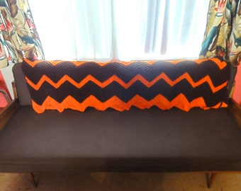 Vintage Orange & Brown 1960's Hand Crocheted Afghan Zigzag crochet throw mid century modern retro mad men fall colors hippie 1970's