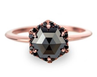 Black Diamond Rose Gold Engagement Ring, Hexagon Halo