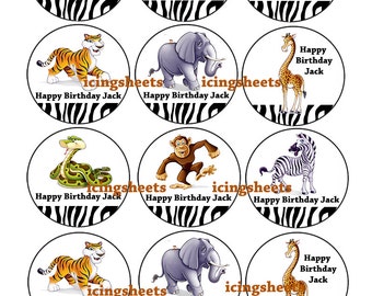 Safari Jungle animals Edible cookie toppers cupcake tops party decoration birthday tranfers 1 dozen