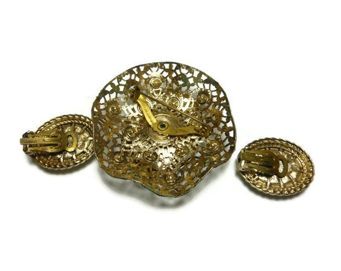 Transferware cameo brooch and earrings, 1950's West German filigree set, orange amber rhinestones, clip-on earrings, gold tone