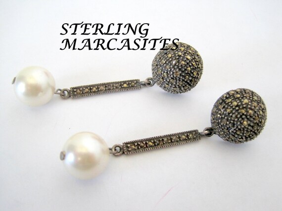 Sterling Marcasite Earrings - Faux Pearl Dangle - Pierced Wedding Earrings