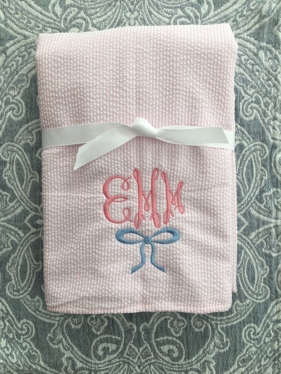 Pink Seersucker Monogrammed Bow Beach/Bath by bellabeankelly