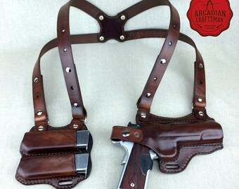 Handmade 1911 Shoulder Holster with Magazine Carrier Custom sizes available, shoulder Rig