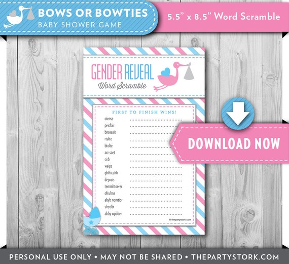 Download Baby Shower Games, Stork Baby Shower Game Word Scramble, Printable Blue Pink Gender Reveal Party ...