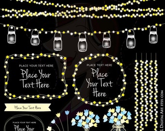 String Lights Wedding Mason Jars Glowing Fairy Lights Clipart Digital Frames COMMERCIAL USE Bridal Shower Clip Art Banner Vector Png 10709
