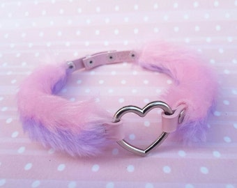 Cute BDSM Collar, DDLG Collar Choker, Fur Heart Choker, Furry Kawaii Chocker Necklace, Pastel Goth, Daddy Choker Dabby Dom Pink Choker