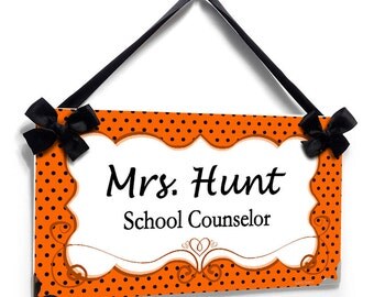 custom school counselor name office door sign - black and orange dots with white - P2502