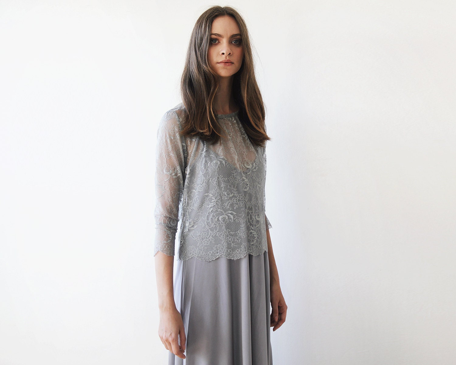 Grey lace long sleeves top Lace top Sheer grey lace blouse