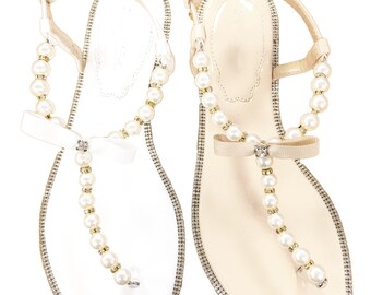Women Pearls Flat Sandals - White and Nude Patent Pearl/Rhinestones flat sandal. Perfect for brides, bridesmaid gifts, wedding party