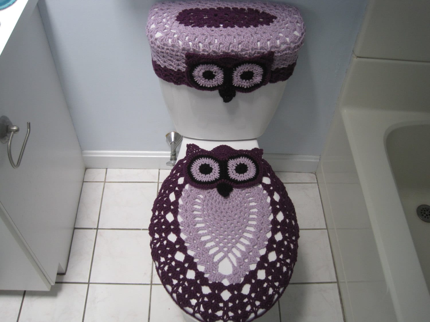 Crochet Set of Owl Toilet Tank Lid and Toilet Seat Covers