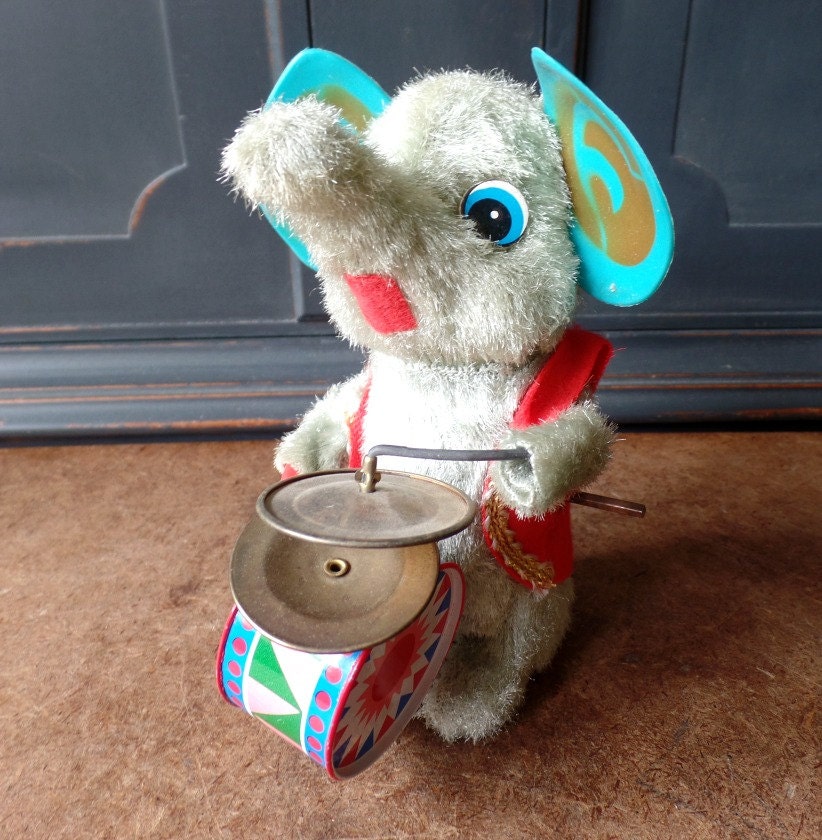 Vintage Elephant Wind Up Toy Musical Drums Cymbal