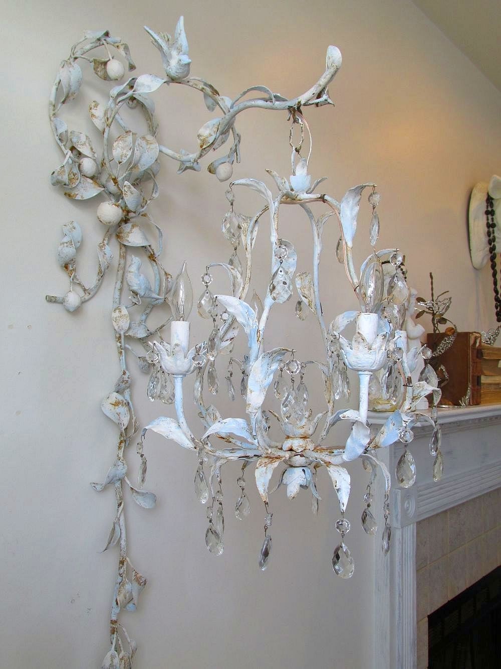Chandelier lighting swag w/ ornate wall hook French blue cream