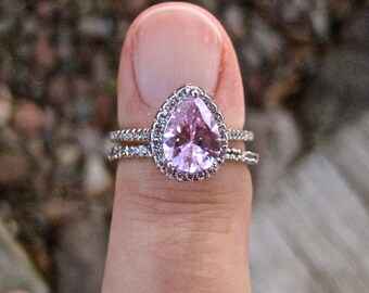 Vintage 925 Sterling Pink CZ Wedding Ring Set