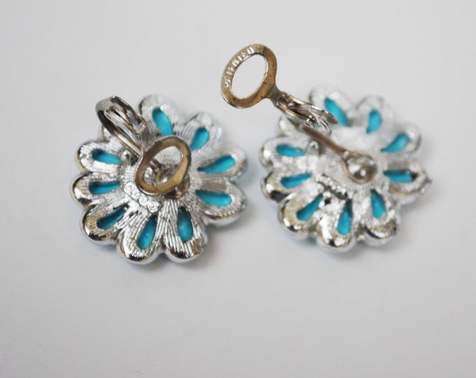 Coro clip on Earrings Blue Thermoset silver Flower Mid Century