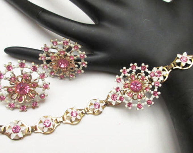 Vintage Bracelet and Earring set Pink rhinestone and white Enamel flowers