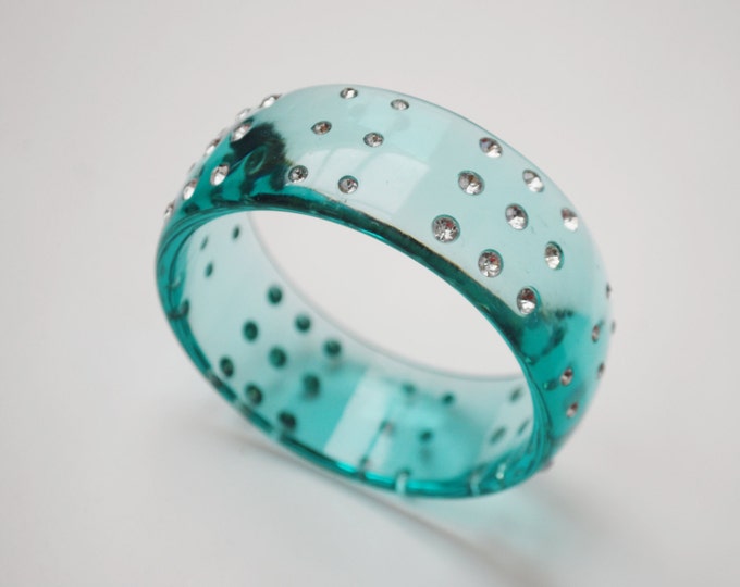 Aqua Lucite Bracelet -clear Rhinestone - blue green translucent vintage plastic Bangle