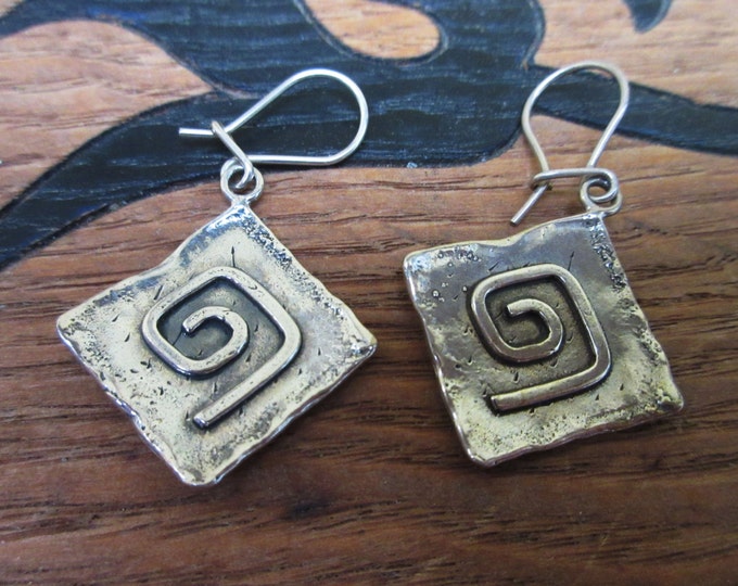 Sterling Silver Dangle Earrings - Hammer Square - modernistic swirl earring