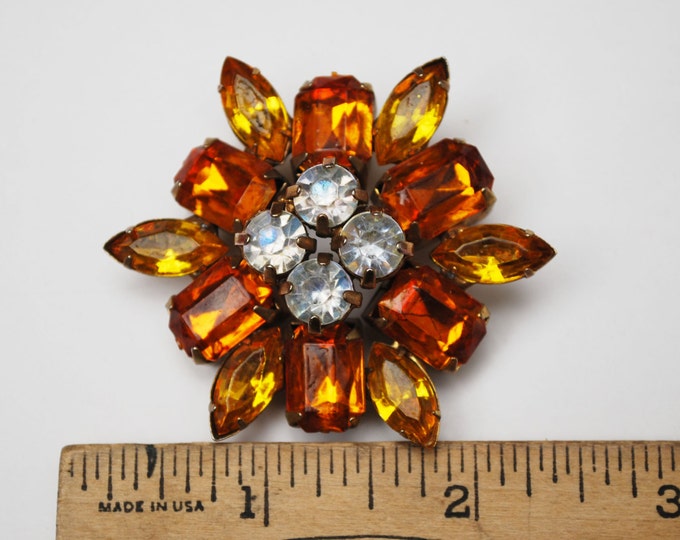 Rhinestone Flower Brooch - orange and yellow Lucite - Floral pin