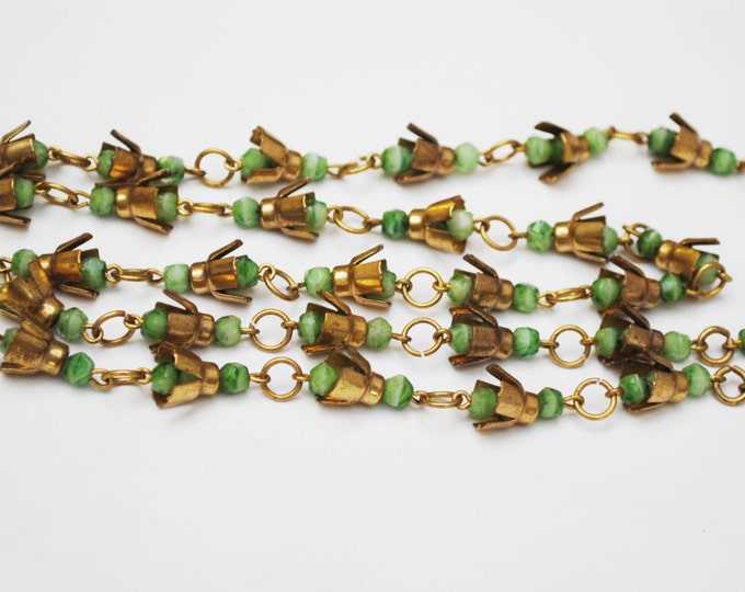 Bead Necklace - Brass Green glass - Art Deco - Boho -Peking Glass beads