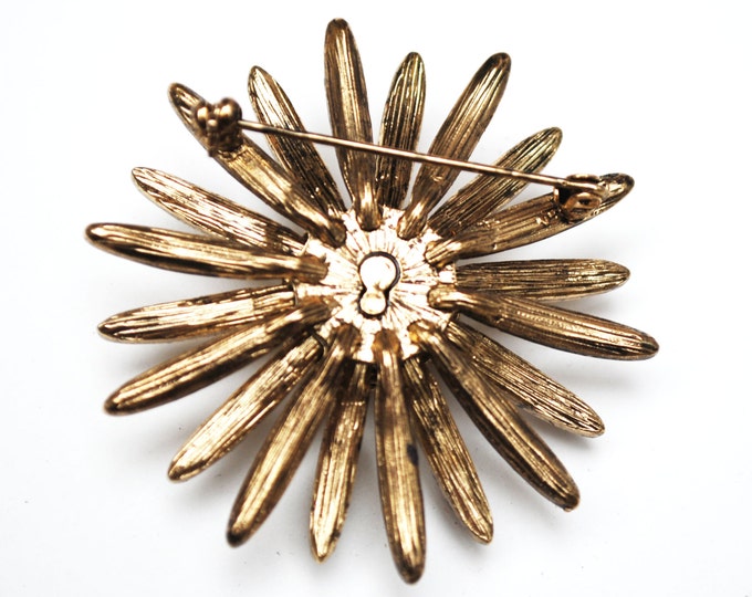 Gold Rhinestone Flower Brooch Mid Century Atomic Pin