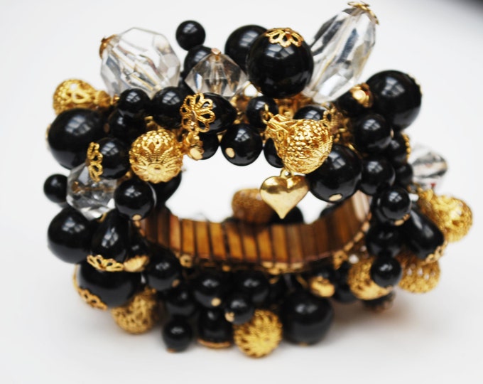 Black Gold Expansion Bracelet cha cha bracelet lucite plastic gold filigree beads mid century